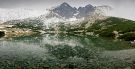 Skalnate mountain lake under Lomnicky stit (panorama from 7 photos vertically)